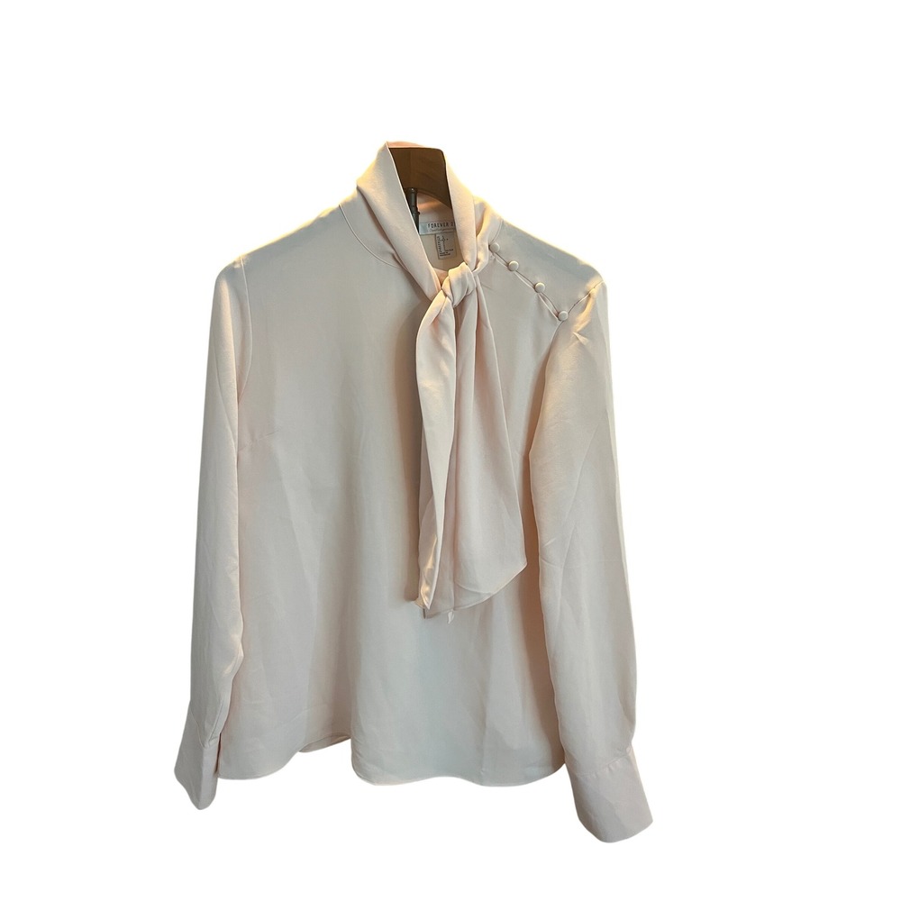 Forever 21 Contemporary Pale Pink Bow Tie Neck Blouse Large NEW